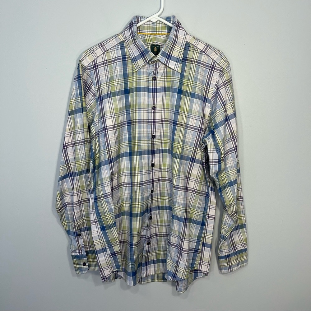 Robert Talbott Shirt Mens Large Green Blue Plaid Business Casual Button Up